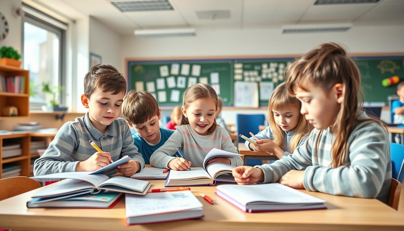 Students studying together in modern classroom